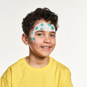 Step one, paint a bandana shape on forehead using white face paint and add sea green circles within the bandana.