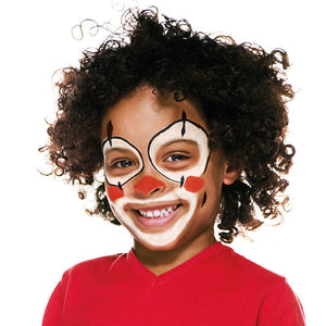 Final step, Using a thin brush with black paint to outline the white eye paint and adding a black vertical line above and below the eyes to complete the Clown face paint.