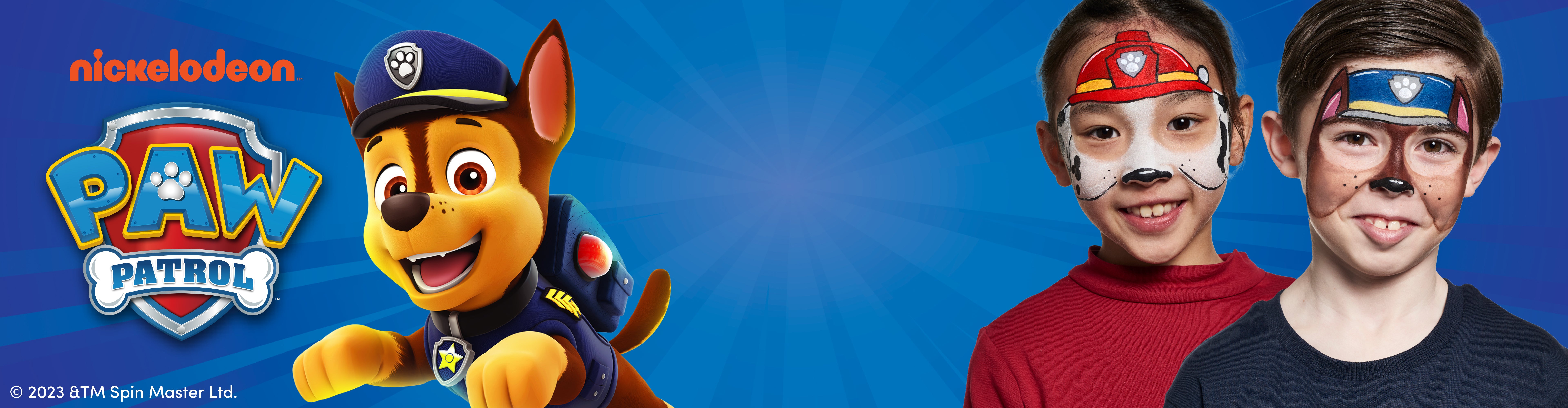 Chase, and Marshall colourful Paw Parol face paint designs using Snazaroo face and body paint kits