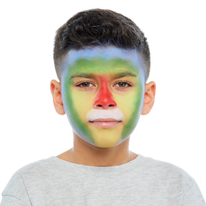 Step one, creating rainbow tiger base by adding sky blue around the edge of face, followed by green and bright yellow inside each layer. Adding red nose and white above top lip.