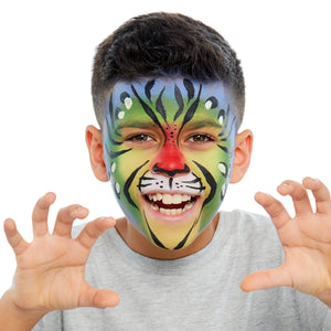 Final step, adding black and white leopard spots and black whiskers to complete the Rainbow Tiger face paint.