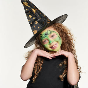 Final step, adding white and black highlights to complete Green Witch face paint.