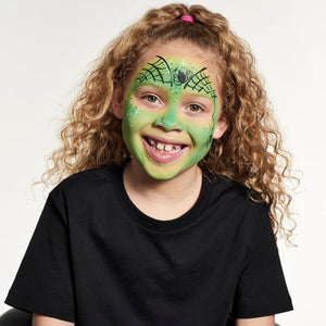 Step two, adding spider and cobwebs on the  forehead using black face paint.