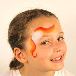 Step one, using high density sponge, apply white to the side of the face. Use the red, orange and yellow splitcake to create the swirls of the unicorn's mane.