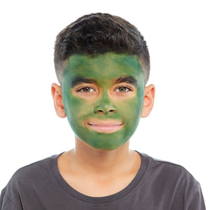 Step one, Sponging dark green all over the face, then dabbing black paint on the eyebrow area with the sponge.