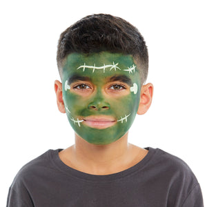 Step two, Using a brush and white paint to create bolts on each side of the eyes, and adding scars and stitches to the cheeks, forehead, and sides of the mouth.