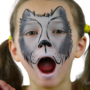 Step two, Using black face paint, add the nose and outline to create fur of wolf.