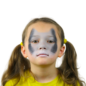 Step one, Create the wolf base by painting the middle of the face grey, then adding black to the sides of the grey and white over the mouth.