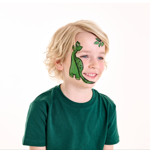 Outline the dinosaur and leaves in black, add white and black eyes, and paint the dinosaur’s feet.