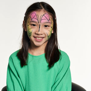 Final step, adding black  dots around the wing shaped mask to complete the Butterfly Fairy face paint.