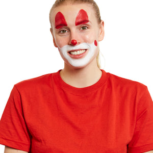 Paint red circles by the mouth, a red nose, and red triangles over the eyes with a brush.