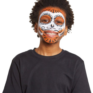 Decorate the face with spiderwebs, scars, flowers and moustache by using a brush and black.