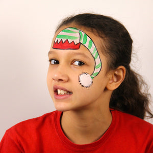 Paint a black outline around each part of the hat and then add green stripes to the white part of the hat, but not the bobble