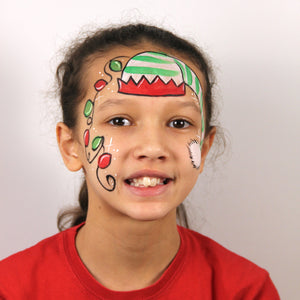 add some Christmas lights in red and green with a black outline and cable joining them together, all the way down the other side of the face and then add white sparkles for that finishing touch of Christmas magic!