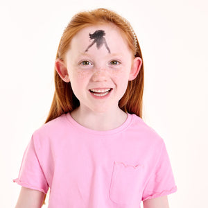 Step one, using our Mermaid Stencil (or Fairy, up to you!) and black paint on your forehead to start your Fairy!