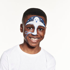 Final step, Adding details with classic white on top of the dark blue area, then outlining the ghost and adding eyes and mouth with classic dark blue to complete Ghost face paint.