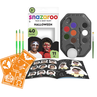 Halloween face paint kit bundle including a palette with multiple colors, brushes, and stencil sheets with designs for makeup.