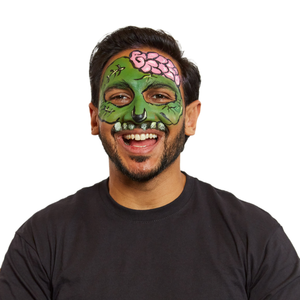 Outline the brain and facial features in black, then add stitches and highlights with white for a finishing touch.