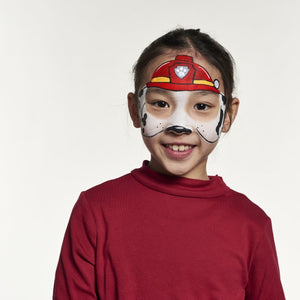 Final step show a face paint of Marshall from Paw Patrol with red fire hat.
