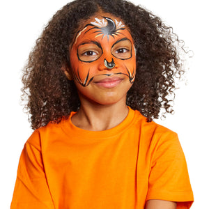 Highlight the nose and pumpkin and add spider webs to the forehead with white and a brush.