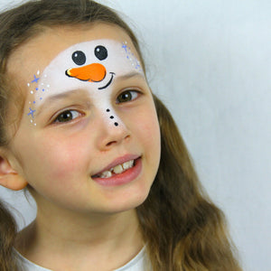 Final step, adding small blue stars on each side of the face and white dots to complete the Snowman face paint.
