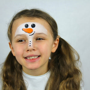 Step two, adding an orange nose, then painting the snowman’s eyes, mouth, and coal buttons with black.
