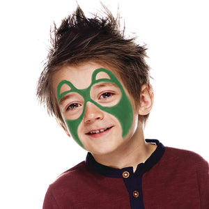 Step one, using grass green paint to create a mask, bringing it down the cheeks and outlining semi-circles above the eyes for the ears.