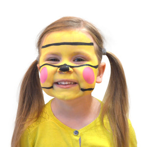 Final step, adding a black triangle on nose with 3 black lines across the face to complete Bumble Bee face paint.