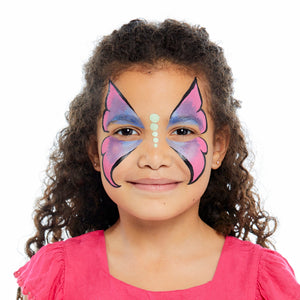 Step two, Outlining the butterfly shape with black paint and creating dots running down the centre of the nose with pale green.