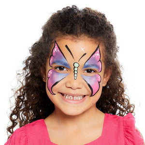 Final step, Adding small reverse teardrops to the centre of the forehead for antennas, outlining the nose dots with black, adding white dots for detail on the butterfly wings, and a ‘star burst’ to the forehead to complete butterfly face paint.