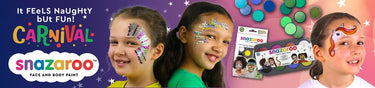Children with colourful carnival face paint designs — glitter rainbow, starburst, and unicorn — using Snazaroo face and body paint kits