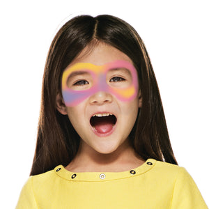 Step one, Sponging pink paint to create two semi-circles around the eyes, covering part of the nose, then adding yellow around the top left eyebrow and a small part of the bottom right eye, and light blue on the top left cheek and right of the nose.