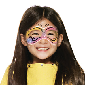 Final step, Drawing a white line between the teardrops and black line on the forehead, adding a white line over the cheeks and nose, and placing stars on the cheeks and nose to complete Carnival Mask face paint.