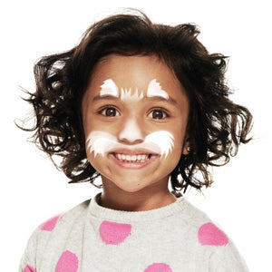 Step one, showing the start of creating cat ears above eyebrows and whiskers below nose using white face paint.