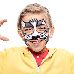Final step, adding black and red highlights and filling in dark grey colour using black and white brush pen to complete  Cat Zombie face paint.