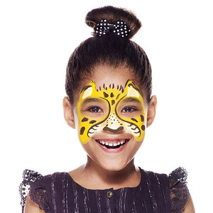 Final step, adding a black outline and fur highlights to complete Cheetah face paint.