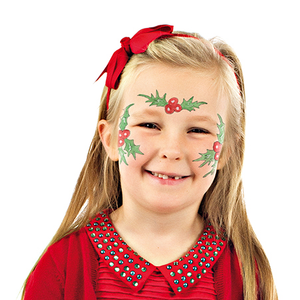Final step, adding white highlights inside red cherries to complete the Holly face paint.