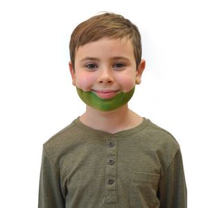 Step one, showing the start of creating grass green base to both cheeks and chin below mouth.