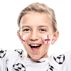 Final step, using red pain adding a straight horizontal line through the centre of rectangle to complete the English Flag face paint.