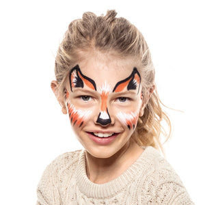 Final step, using black brush pen to add outline and highlights in nose, ear and whiskers to complete the Fox face paint.