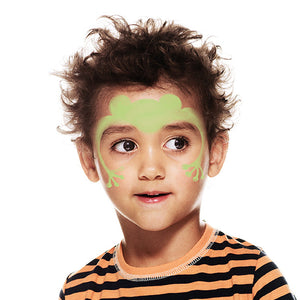 Step one, Paint a pale green circle on the forehead, then add two smaller circles above it. Draw swooping lines around the eyes and finish with four short lines and dots for fingers.