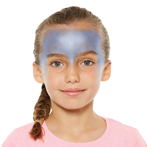 Step one, showing the start of applying  blue sparkle across the forehead, with silver paint on the cheeks.