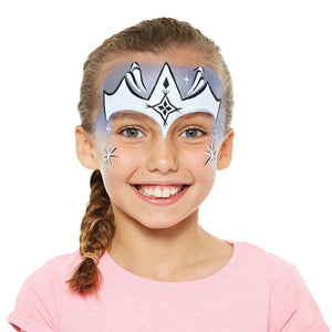 Final step, adding black outline and white snowflake highlights to complete the Ice Princess face paint.