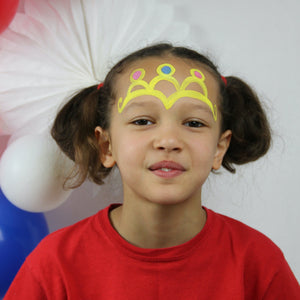 Step two, adding three yellow circles filled with blue and pink colours on top of each arch.