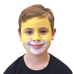 Step two, painting the rest of the face bright yellow, outlining the white area and eyes first, then filling in with a sponge while avoiding the eyes.
