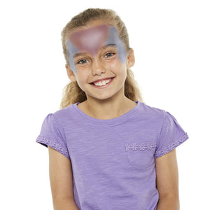 Step one, showing the start of creating blue sparkle around the face, then lilac sparkle down the middle of the forehead to the nose.