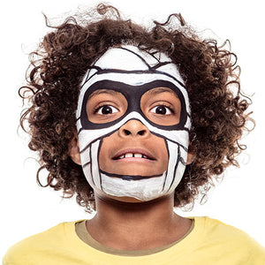 Final step, using white brush pen filling in the bandage lines to complete the Mummy face paint.