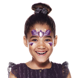 Final step, adding white highlights to complete the Purple Princess face paint.