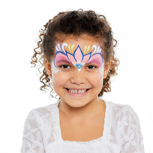 Final step, adding white and yellow highlights to complete the Princess face paint.
