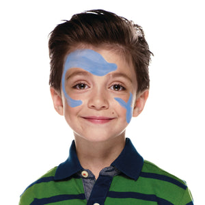 Step one, showing the start of creating shark base on forehead and cheeks using pale blue face paint.